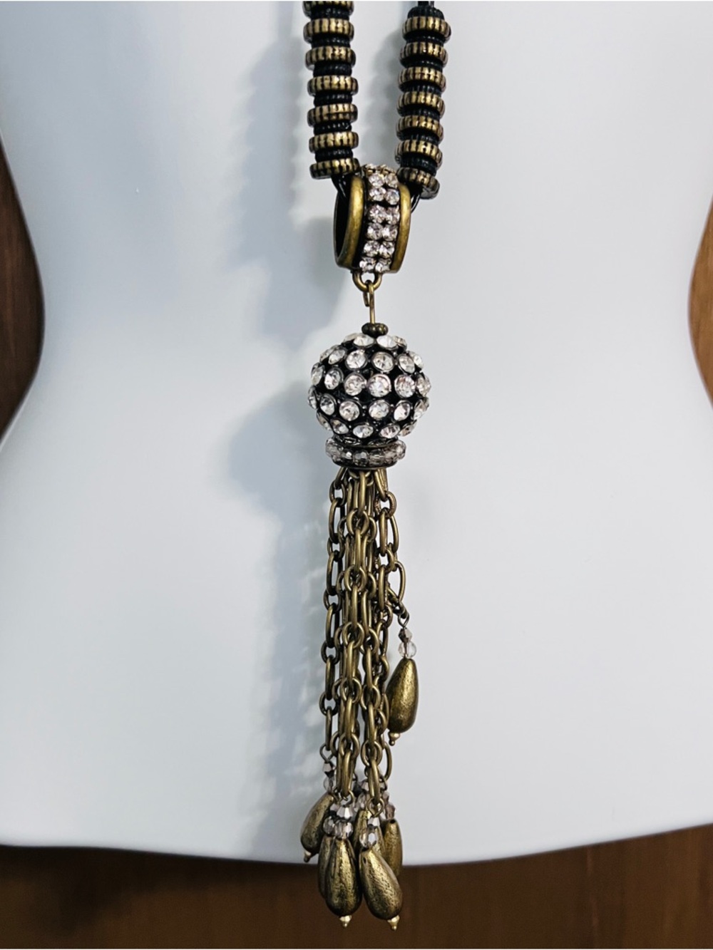 Chico's brass and clear rhinestone tassel pendant Necklace Approximately 35"